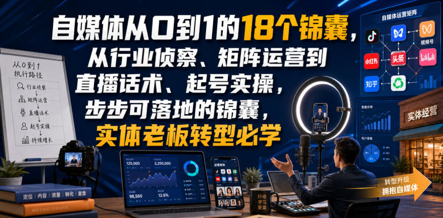 自媒体从0到1的18个锦囊，从行业侦察、矩阵运营到直播话术、起号实操，步步可落地的锦囊，实体老板转型必学-梦清研习社
