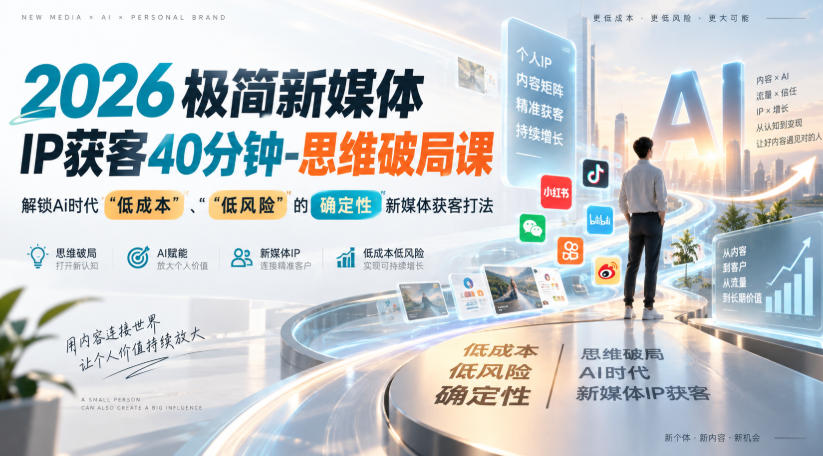 2026极简新媒体IP获客40分钟-思维破局课，解锁Ai时代“低成本”、“低风险”的确定性新媒体获客打法-梦清研习社
