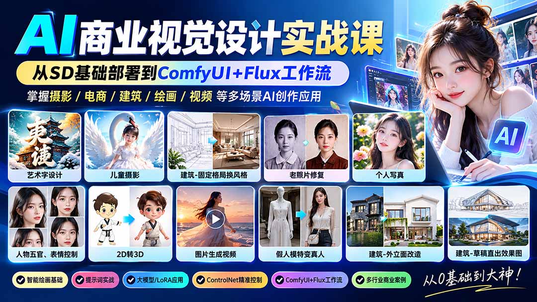【无水印】AI商业视觉设计实战课：从SD基础部署到ComfyUI+Flux工作流，掌握摄影电商建筑AI创作-梦清研习社