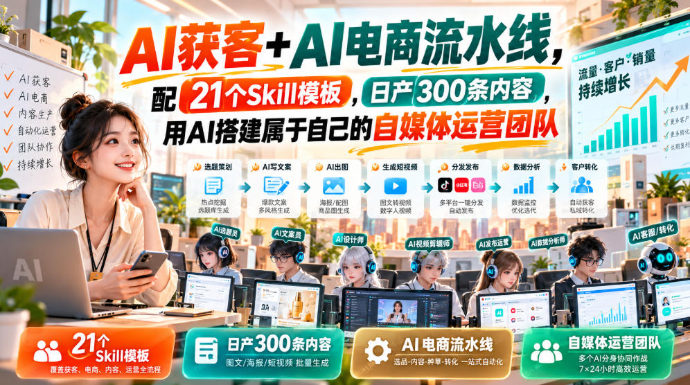 AI获客+AI电商流水线，配21个Skill模板，日产300条内容，用AI搭建属于自己的自媒体运营团队-梦清研习社