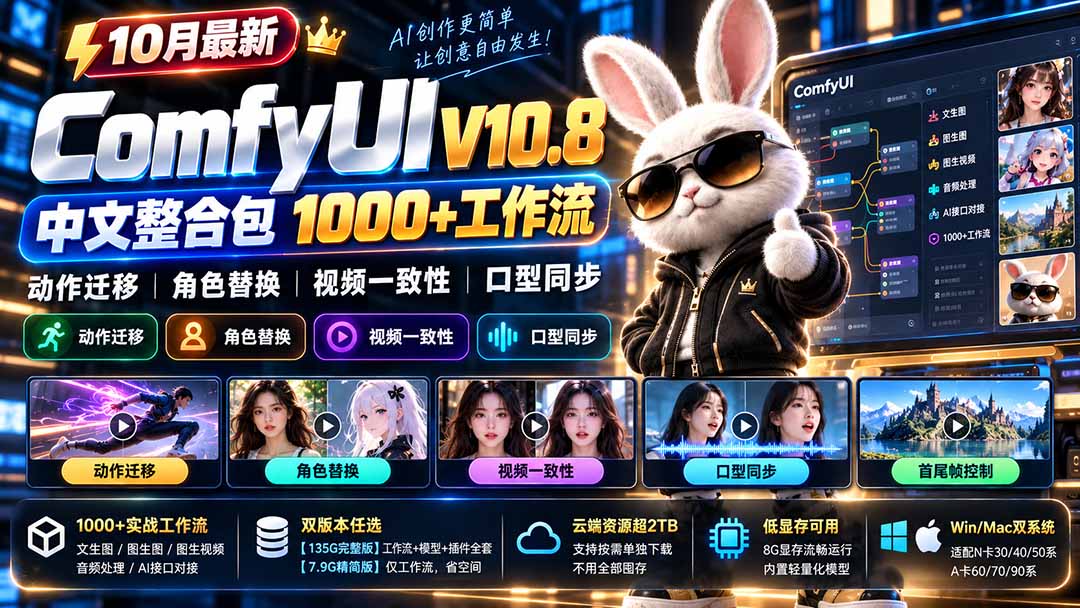10月最新ComfyUI V10.8中文整合包 1000+工作流 动作迁移 角色替换 视频一致性 口型同步 低显存可用-梦清研习社