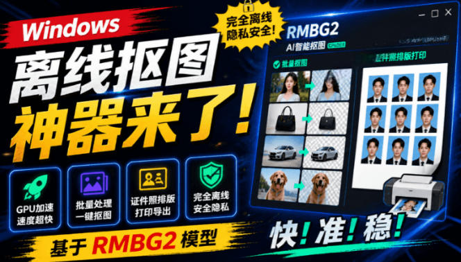 Windows离线抠图神器来了！支持批量抠图+证件照排版打印，基于RMBG2模型，GPU加速方块AI抠图-梦清研习社