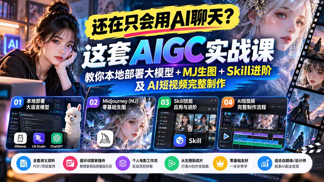 【无水印】还在只会用AI聊天？这套AIGC实战课教你本地部署大模型+MJ生图+Skill进阶及AI短视频完整制作-梦清研习社