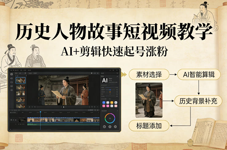 历史人物故事短视频教学，AI+剪辑制作历史人物题材短视频，快速起号涨粉-梦清研习社