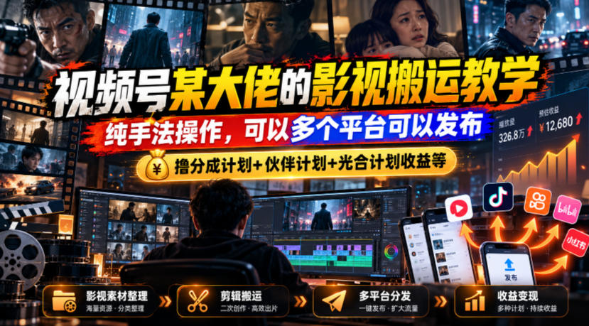 视频号某大佬的影视搬运教学，纯手法操作，可以多个平台可以发布，撸分成计划+伙伴计划+光合计划收益等-梦清研习社