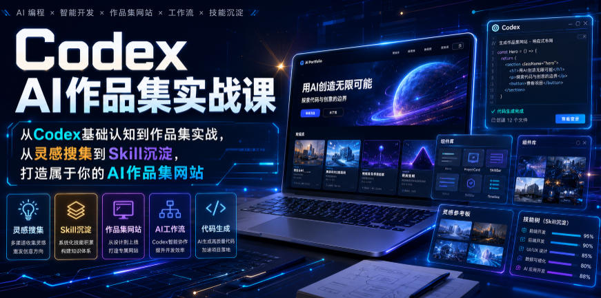 Codex AI作品集实战课，从Codex基础认知到作品集实战，从灵感搜集到Skill沉淀，打造属于你的AI作品集网站-梦清研习社
