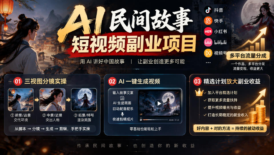 AI民间故事短视频副业项目，多平台流量分成，三视图分镜实操，精选计划放大副业收益-梦清研习社