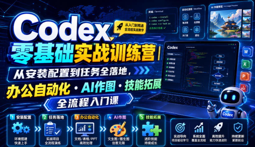 Codex零基础实战训练营｜从安装配置到任务全落地，办公自动化・AI作图・技能拓展全流程入门课-梦清研习社