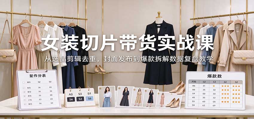 女装切片带货实战课：从选品剪辑去重，封面发布到爆款拆解数据复盘教学-梦清研习社