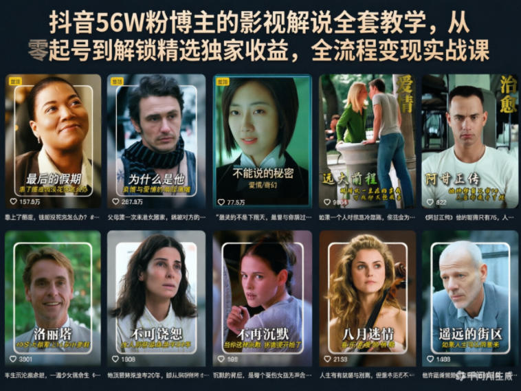 抖音56W粉博主的影视解说全套教学，从零起号到解锁精选独家收益，全流程变现实战课-梦清研习社