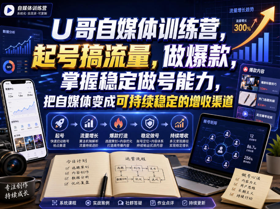 U哥自媒体训练营，起号搞流量，做爆款，掌握稳定做号能力，把自媒体变成可持续稳定的增收渠道-梦清研习社