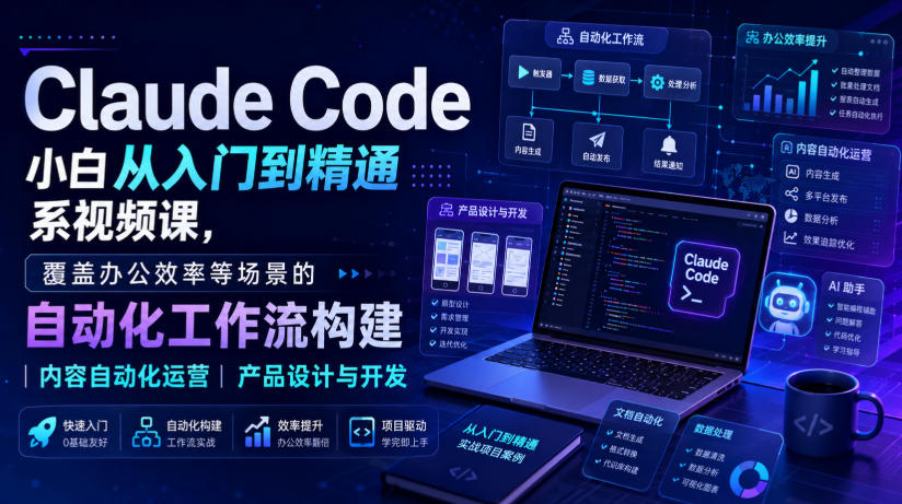 Claude Code小白从入门到精通系视频课，覆盖办公效率等场景的自动化工作流构建|内容自动化运营|产品设计与开发-梦清研习社