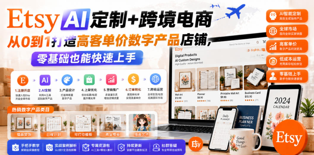 Etsy AI定制+跨境电商，从0到1打造高客单价数字产品店铺，零基础也能快速上手-梦清研习社