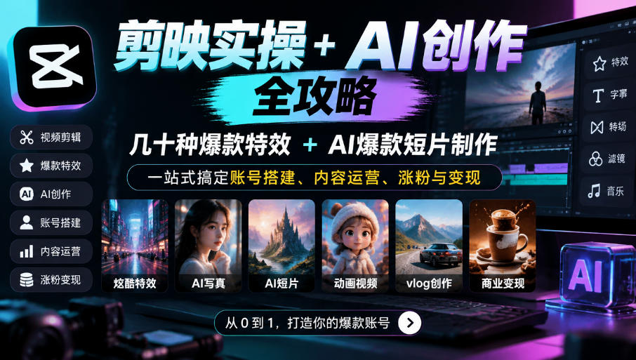 剪映实操+AI创作全攻略｜几十种爆款特效+AI爆款短片制作，一站式搞定账号搭建、内容运营、涨粉与变现-梦清研习社