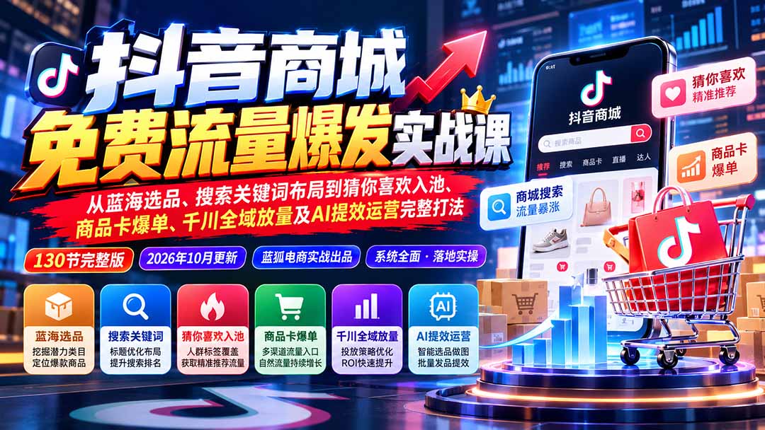 抖音商城免费流量爆发实战:从蓝海选品、搜索关键词布局到猜你喜欢入池、商品卡爆单、千川全域放量及AI提效完整打法-梦清研习社