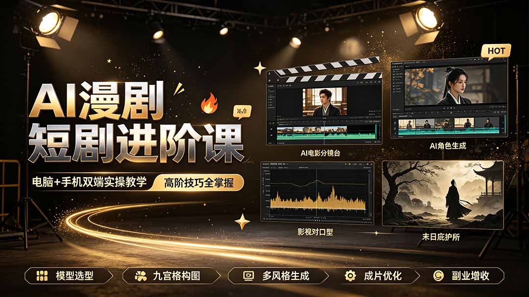 AI漫剧短剧进阶课｜电脑+手机双端实操教学｜影视剧对口型人物吃瓜×解压末日庇护所全程讲解，高阶技巧全掌握-梦清研习社
