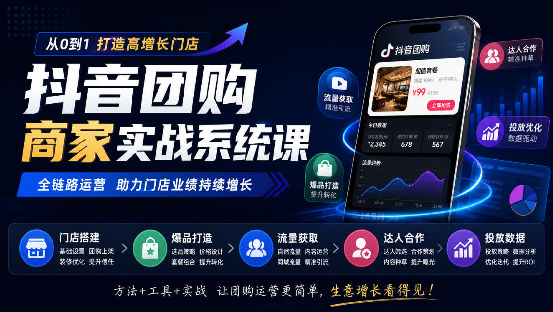 抖音团购商家实战系统课|门店搭建、爆品打造、流量获取、达人合作、投放数据全链路运营-梦清研习社