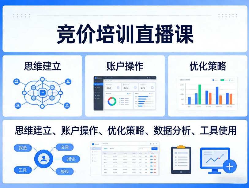 竞价培训直播课，覆盖思维建立、账户操作、优化策略、数据分析、工具使用等，全方位提升效果-梦清研习社