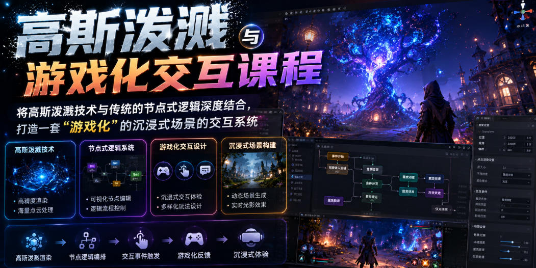 高斯泼溅与游戏化交互课程，将高斯泼溅技术与传统的节点式逻辑深度结合，打造一套“游戏化”的沉浸式场景的交互系统-梦清研习社