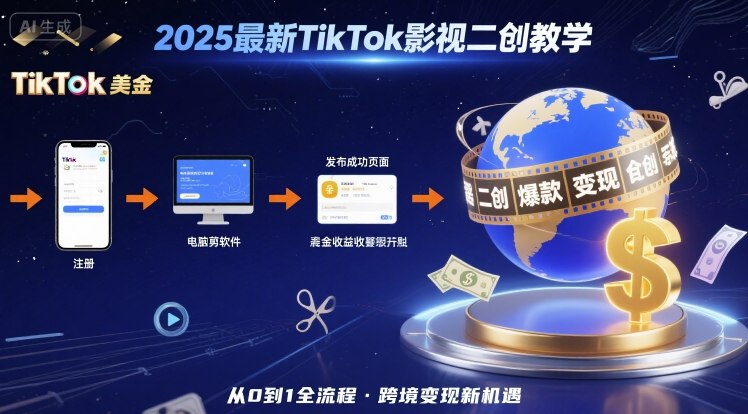 2025年最新TikTok影视二创教学，从注册到发布撸美金全流程，跨境变现新机遇-梦清研习社
