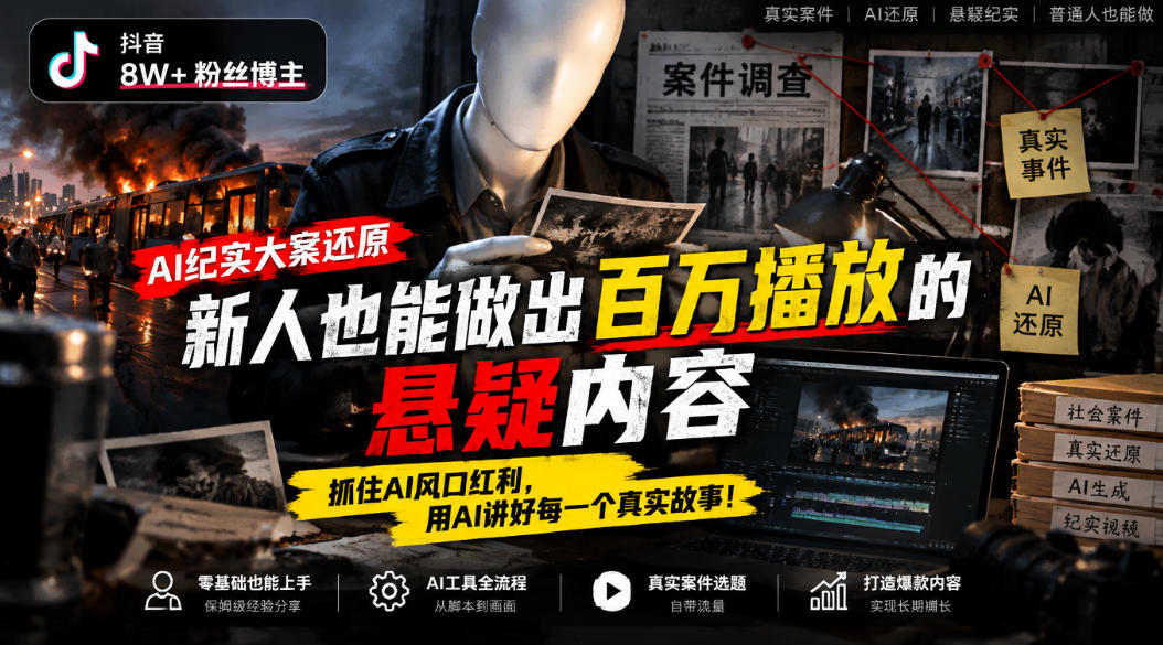 抖音8W粉丝博主的AI纪实大案还原教学，新人也能做出百W播放的悬疑内容，抓住AI风口红利，用AI讲好每一个真实故事-梦清研习社