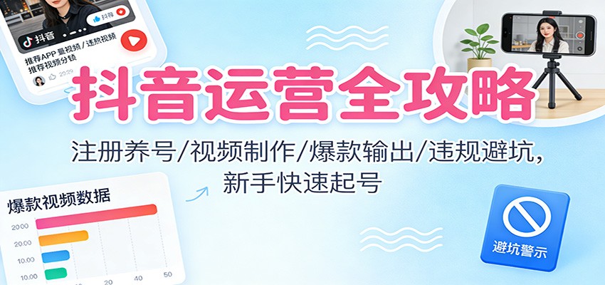 抖音运营全攻略:注册养号/视频制作/爆款输出/违规避坑,新手快速起号-梦清研习社