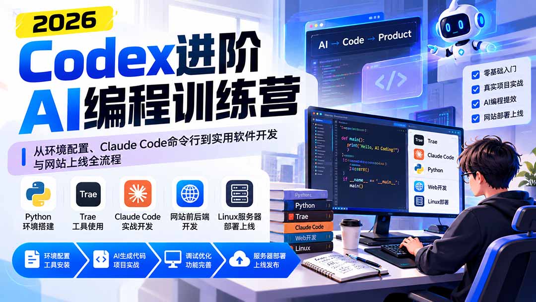 Codex进阶AI编程训练营：从环境配置、Claude Code命令行到实用软件开发与网站上线全流程-梦清研习社