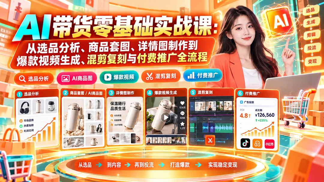AI带货零基础实战课：从选品分析、商品套图、详情图制作到爆款视频生成、混剪复刻与付费推广全流程-梦清研习社