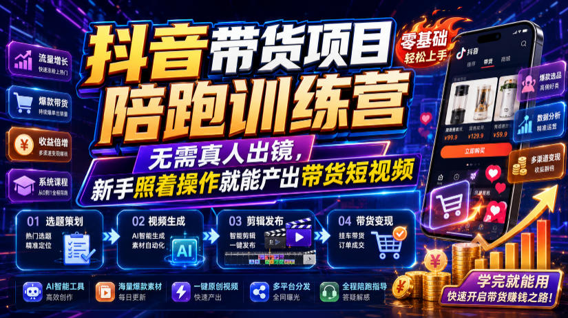抖音带货项目陪跑训练营，无需真人出镜，新手照着操作就能产出带货短视频(更新0811)-梦清研习社