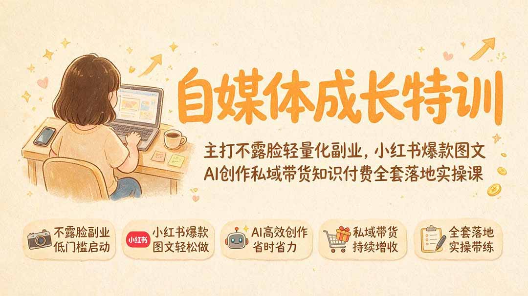 自媒体成长特训｜主打不露脸轻量化副业，小红书爆款图文AI创作私域带货知识付费全套落地实操课-梦清研习社