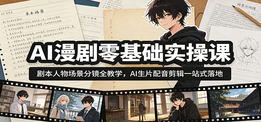 AI漫剧零基础实操课：剧本人物场景分镜全教学，AI生片配音剪辑一站式落地-梦清研习社