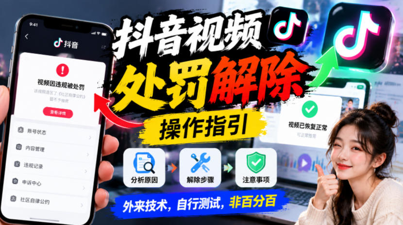 抖音视频处罚解除操作指引，外来技术，自行测试，非百分百-梦清研习社