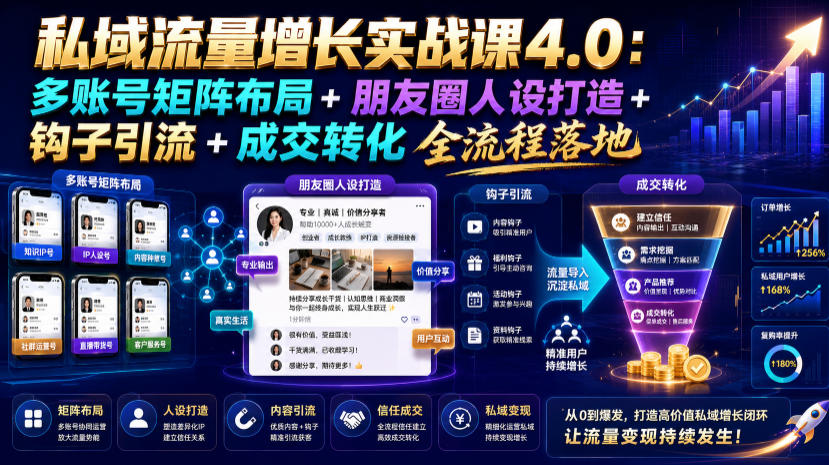 私域流量增长实战课4.0：多账号矩阵布局+朋友圈人设打造+钩子引流+成交转化全流程落地-梦清研习社