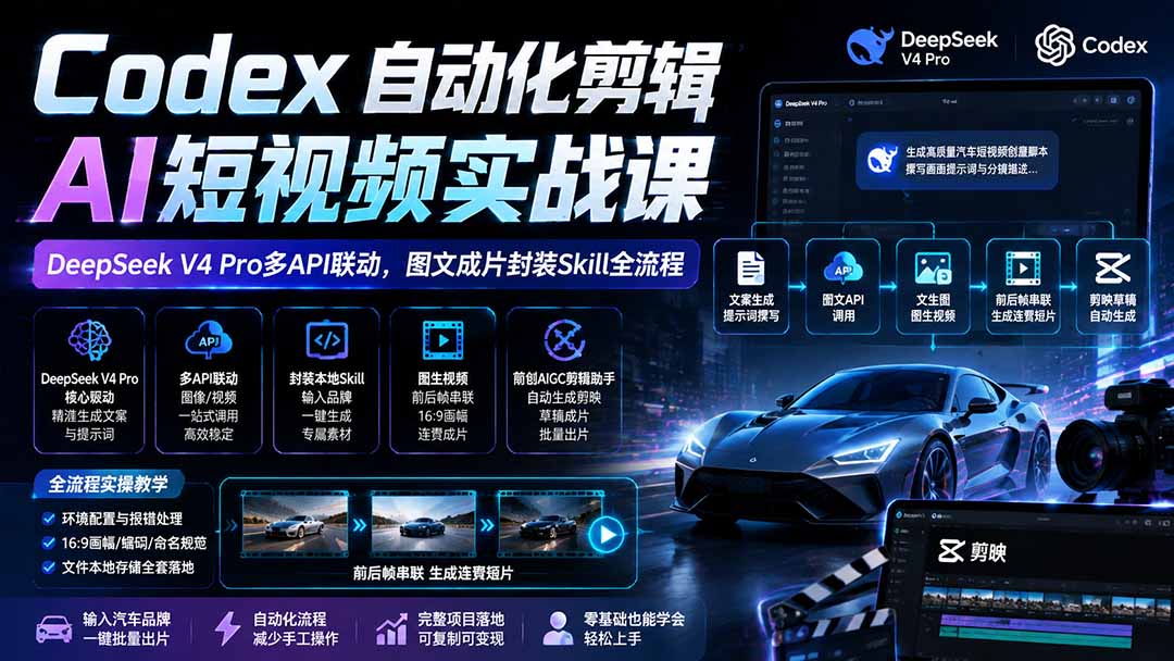 Codex自动化剪辑AI短视频实战课｜DeepSeek V4 Pro多API联动，图文成片封装Skill全流程-梦清研习社