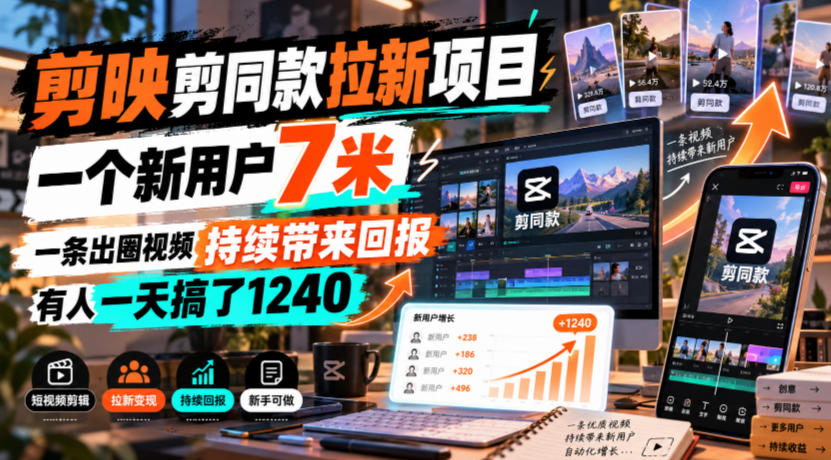 剪映剪同款拉新项目，一个新用户7米，一条出圈视频持续带来回报，有人一天搞了1240-梦清研习社