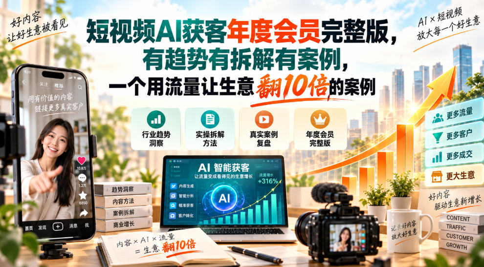 短视频AI获客年度会员完整版，有趋势有拆解有案例，一个用流量让生意翻10倍的案例-梦清研习社