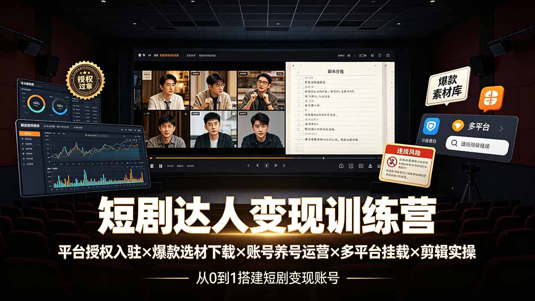 短剧达人变现训练营：平台授权入驻×爆款选材下载×账号养号运营×多平台挂载×剪辑实操×违规处理全流程-梦清研习社