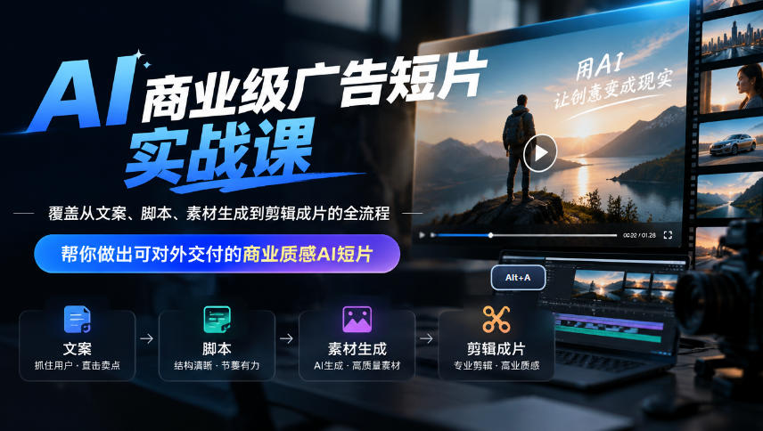 AI商业级广告短片实战课，覆盖从文案、脚本、素材生成到剪辑成片的全流程，帮你做出可对外交付的商业质感AI短片-梦清研习社