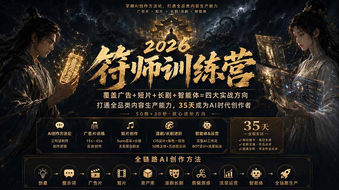 符师训练营-35天成为AI时代创作者，广告+短片+漫剧+智能体四大实战方向，掌握从创意到上线的完整工作流-梦清研习社