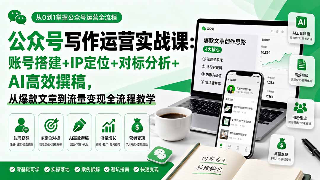 公众号写作运营实战课：账号搭建+IP定位+对标分析+AI高效撰稿，从爆款文章到流量变现全流程教学-梦清研习社