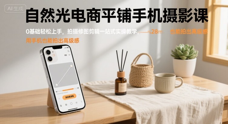 自然光电商平铺手机摄影课，0基础轻松上手，拍摄修图剪辑一站式实操教学，用手机也能拍出高级感-梦清研习社
