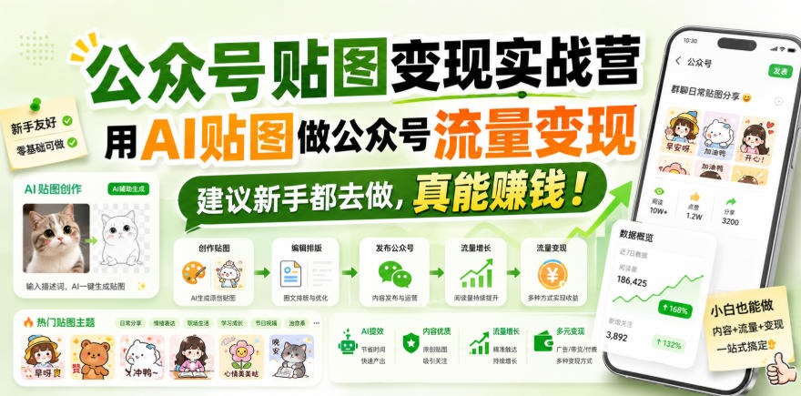 公众号贴图变现实战营，用AI贴图做公众号流量变现，建议新手都去做，真能賺钱！-梦清研习社