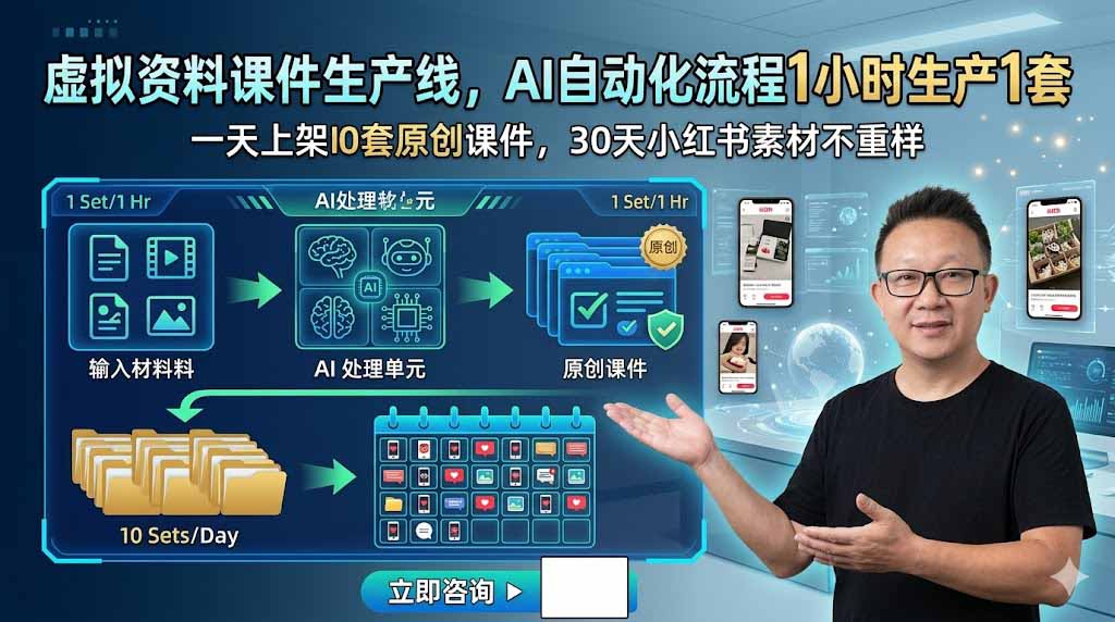 虚拟资料课件生产线，AI自动化流程1小时生产1套，一天上架10套原创课件，30天小红书素材不重样-梦清研习社
