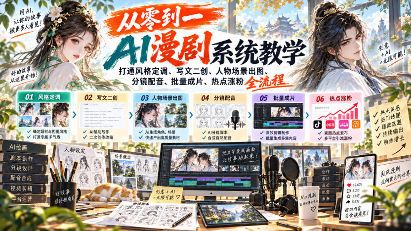 从零到一AI漫剧系统教学，打通风格定调、写文二创、人物场景出图、分镜配音、批量成片、热点涨粉全流程-梦清研习社