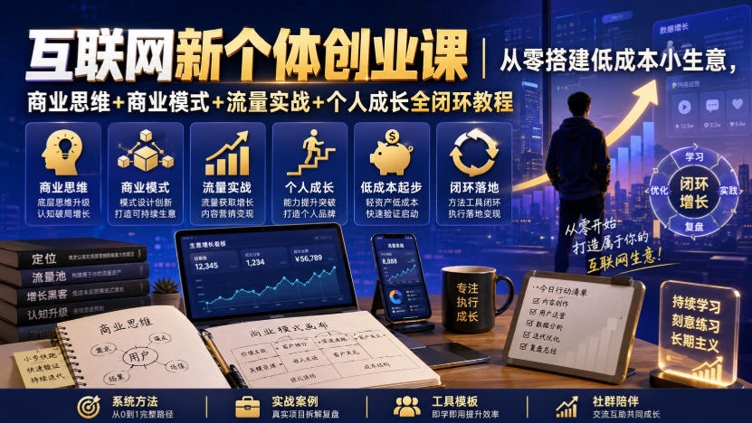 互联网新个体创业课|从零搭建低成本小生意,商业思维+商业模式+流量实战+个人成长全闭环教程-梦清研习社