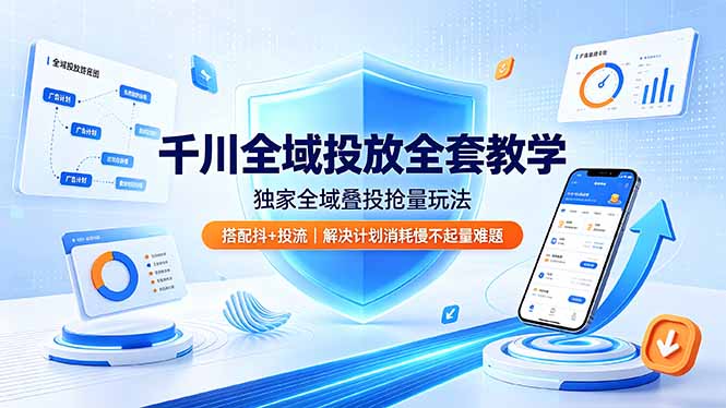 千川全域投放全套教学，独家全域叠投抢量玩法，搭配抖+投流，解决计划消耗慢不起量难题-梦清研习社