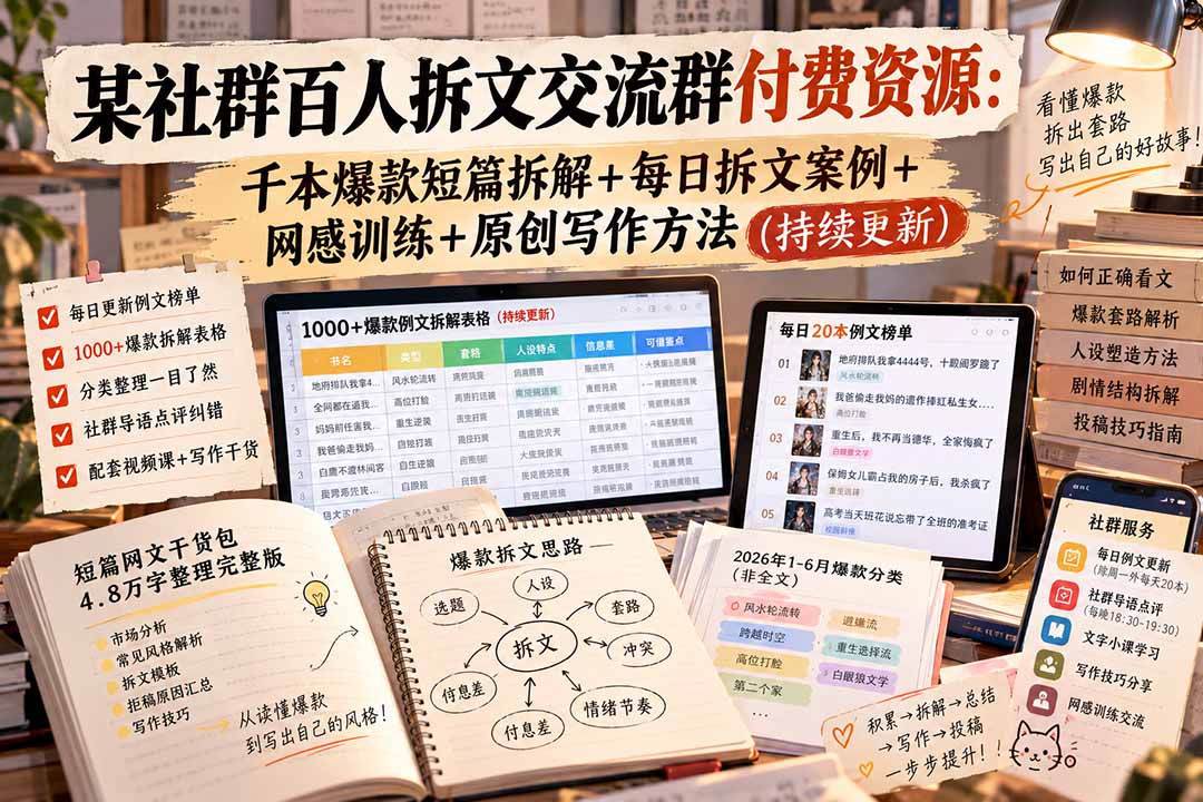 某社群百人拆文交流群付费资源-更新0929：千本爆款短篇拆解+每日拆文案例+网感训练+原创写作方法-梦清研习社