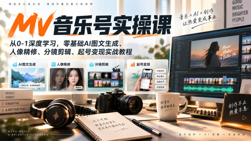 AI MV音乐号实操课，从0-1深度学习，零基础AI图文生成、人像精修、分镜剪辑、起号变现实战教程-梦清研习社