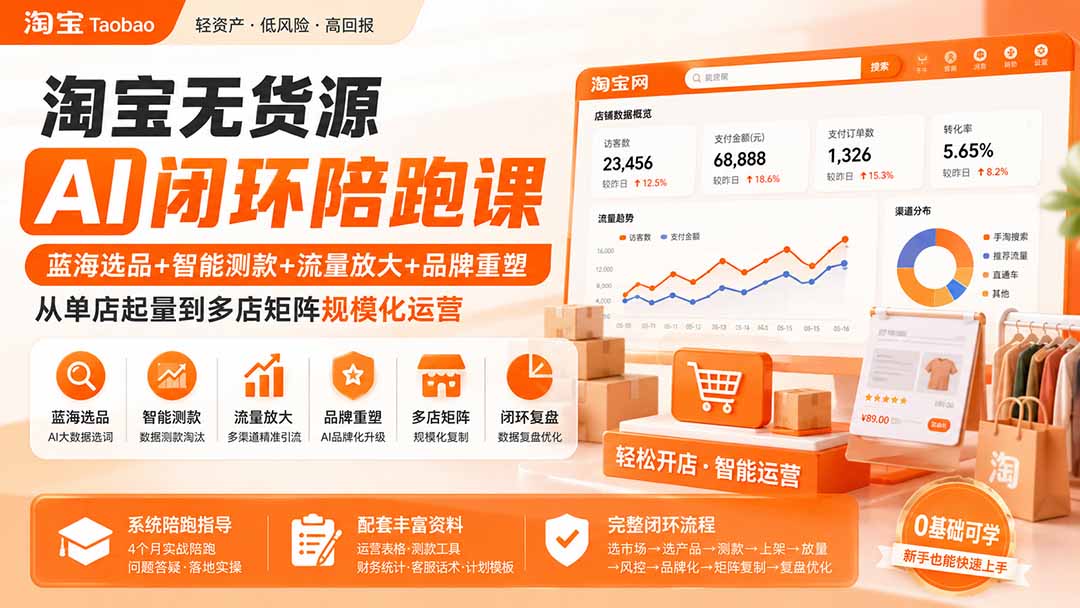 淘宝无货源AI闭环陪跑课：蓝海选品+智能测款+流量放大+品牌重塑，从单店起量到多店矩阵规模化运营-梦清研习社