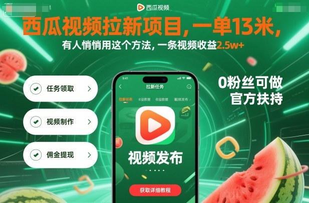 西瓜视频拉新项目，一单13米，有人悄悄用这个方法，一条视频收益2.5w+(附详细教程)-梦清研习社